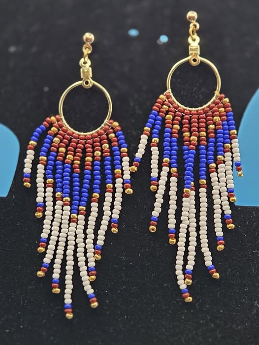 Red, white, blue, and gold handmade beaded fringe hoop earrings