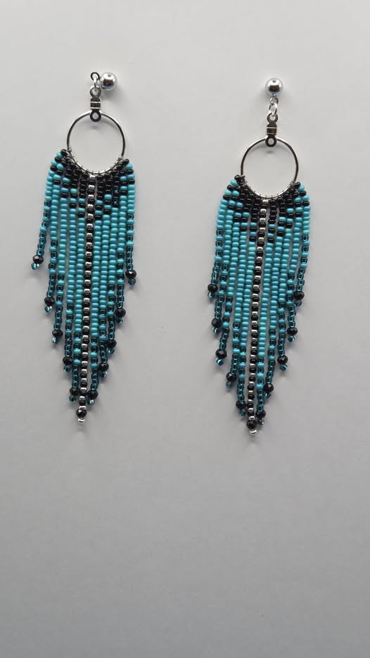 Turquoise, black, and silver handmade beaded fringe earrings