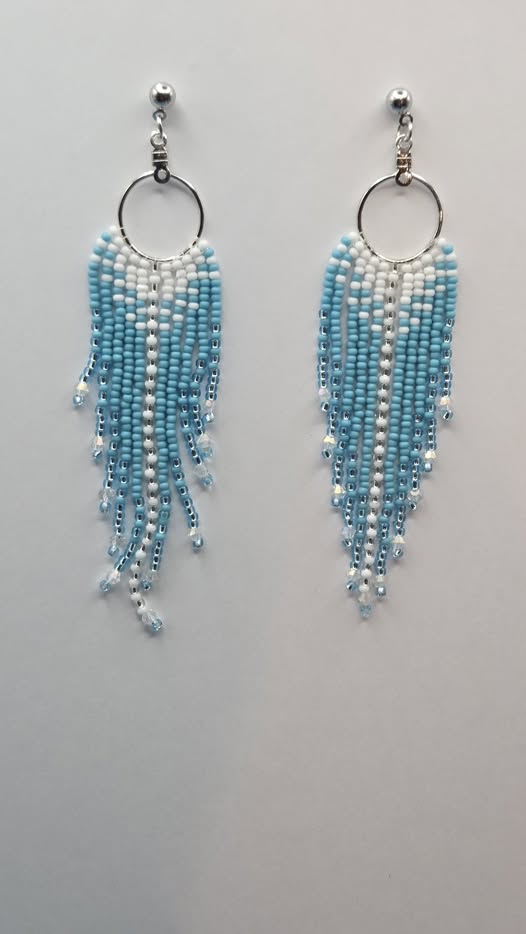 Light blue, white, and silver handmade beaded fringe earrings