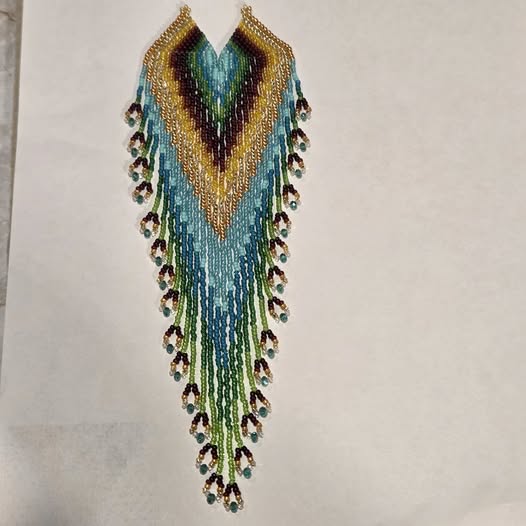 Turquoise, gold, green, and burgundy handmade beaded statement necklace