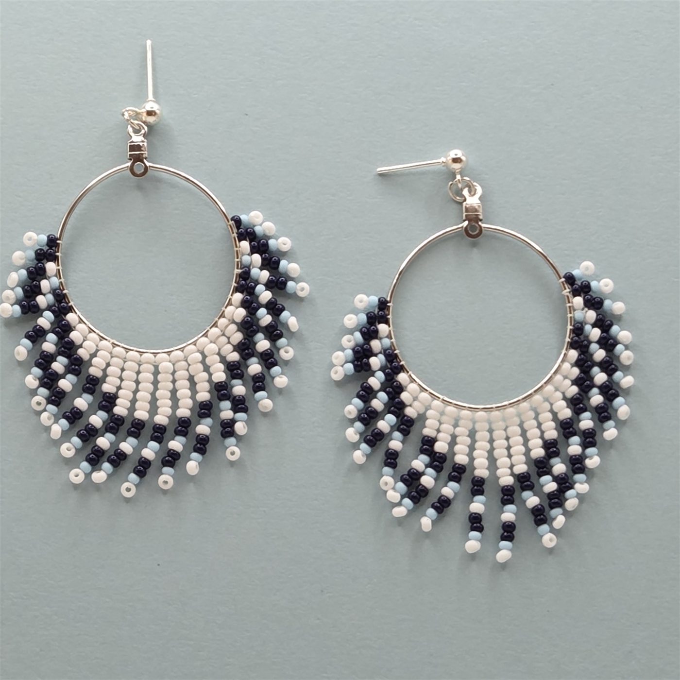Black, white, and silver handmade beaded hoop earrings