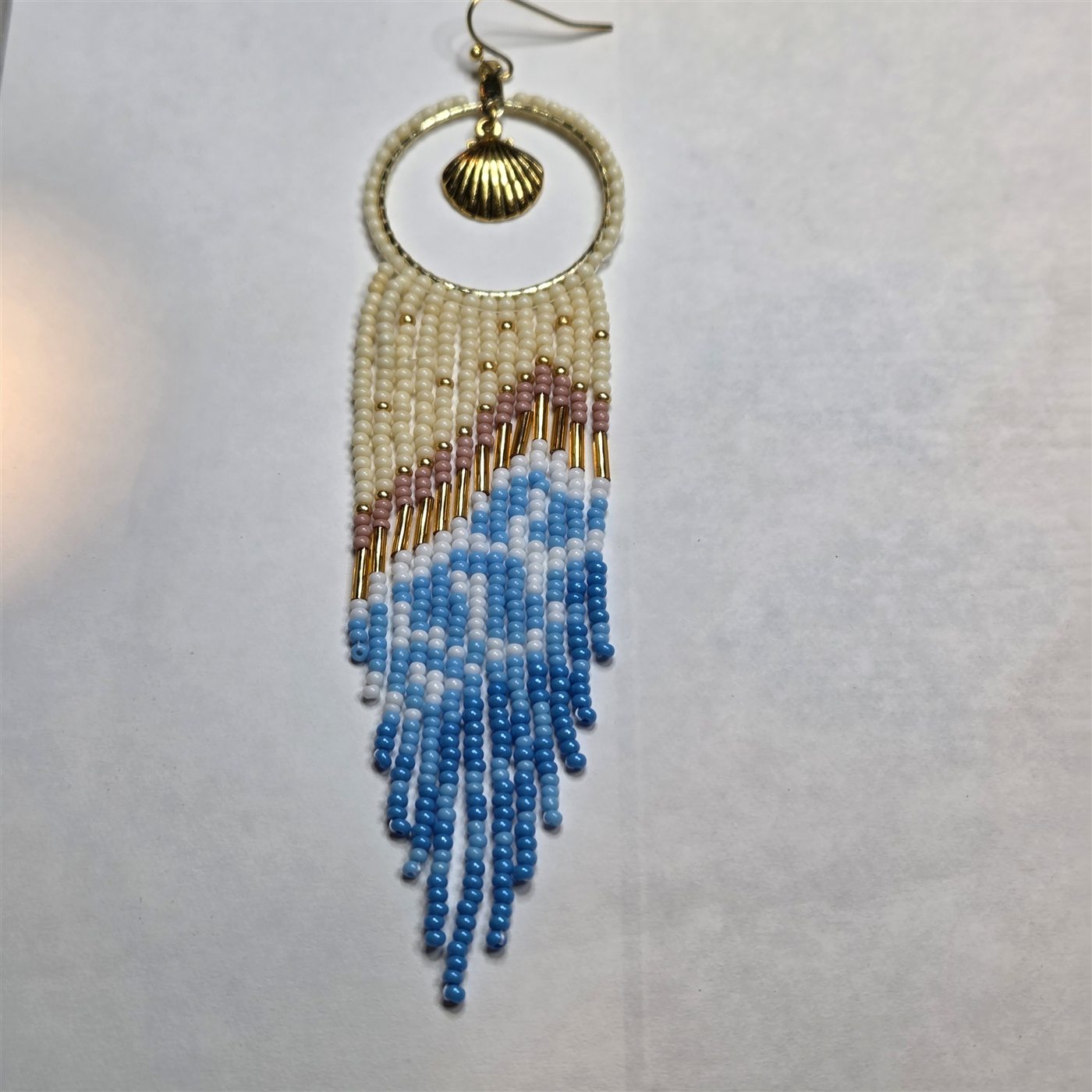 Blue, gold, and white handmade beaded fringe pendant earring
