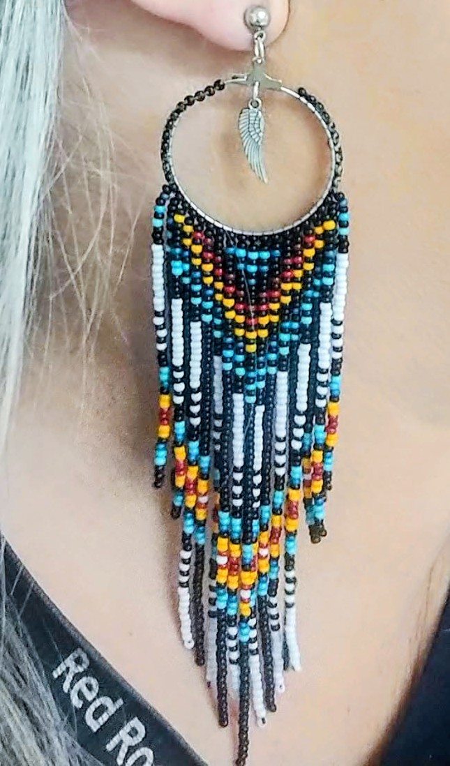 Blue, orange, black, and white handmade beaded statement earring