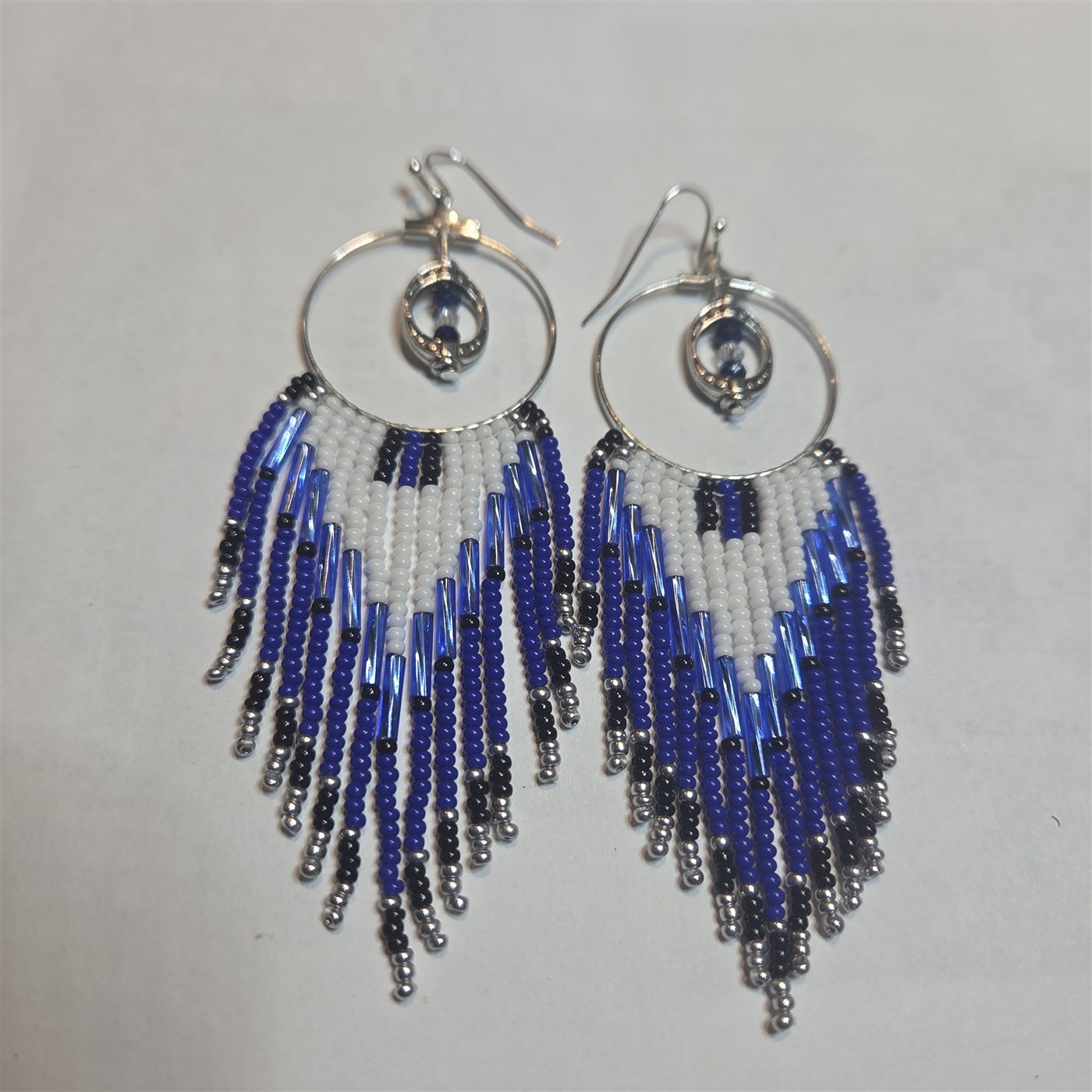 Blue, white, and silver handmade beaded hoop earrings