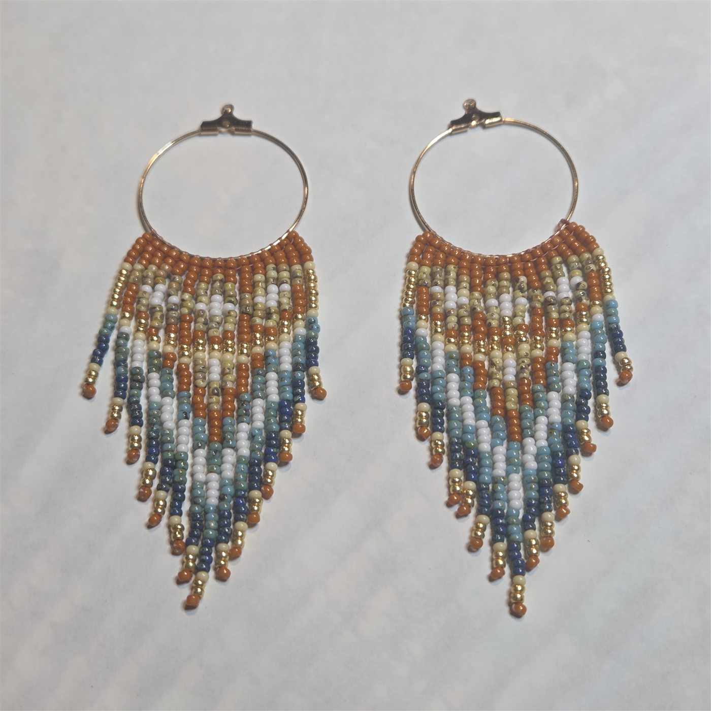 Bronze, blue, and gray handmade beaded fringe hoop earrings
