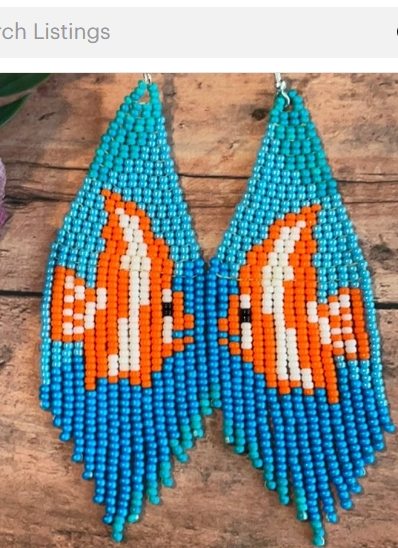 Orange, white, and turquoise handmade beaded fish-inspired earrings