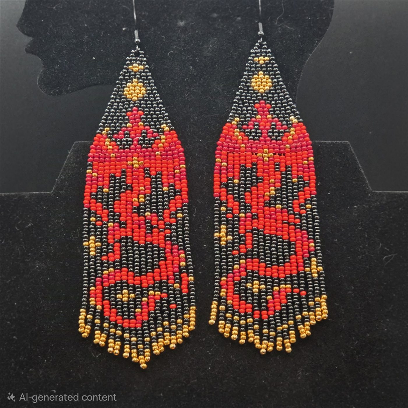 Red, black, orange, and gold handmade beaded statement earrings