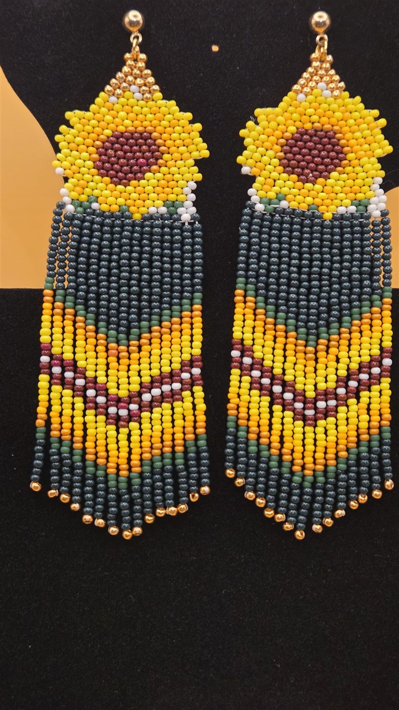 Yellow, black, and orange handmade beaded chevron fringe earrings